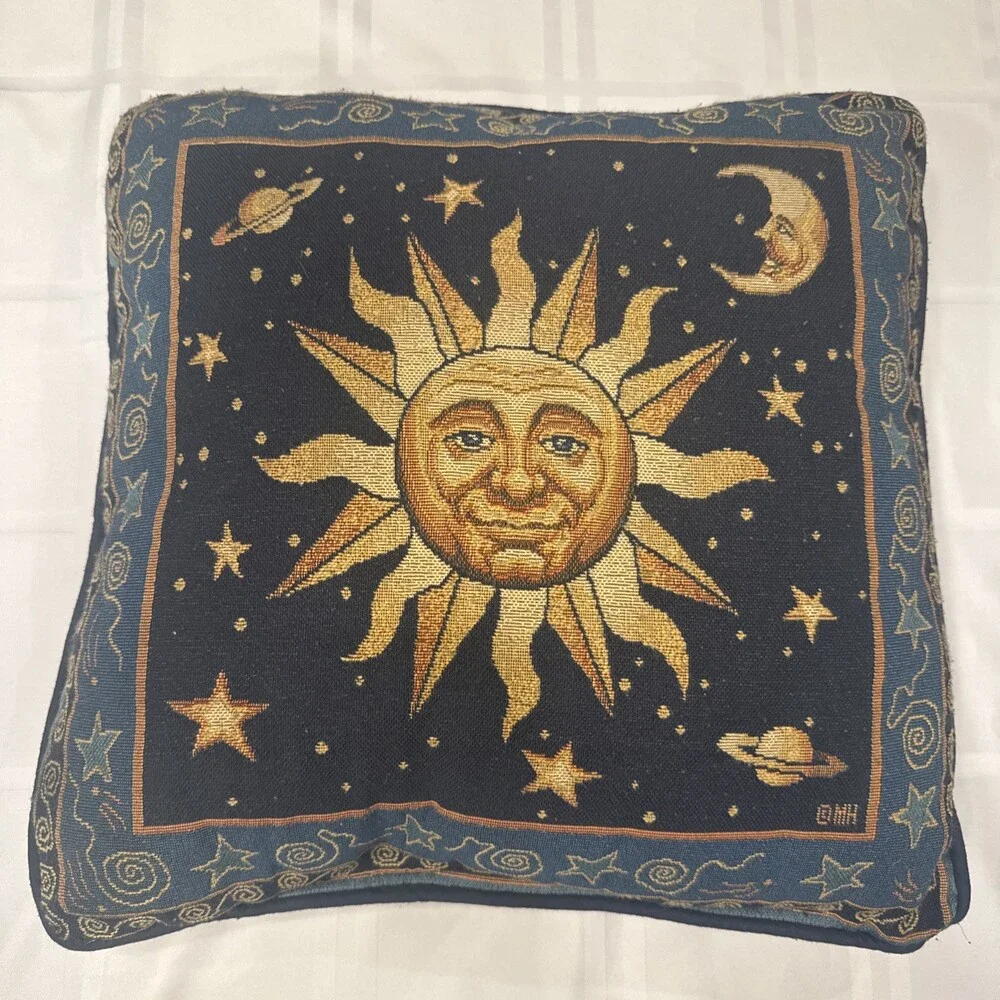 Pair Vyg 90s Celestial Whimsigoth Sun Moon Blue Yellow Tapestry Throw Pillows